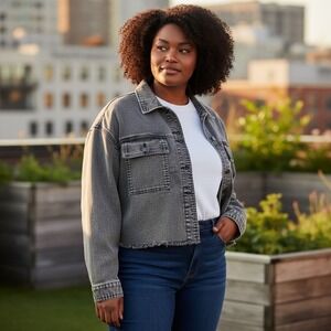 NO BOUNDARIES Women's Gray Washed Denim Cropped Jacket Size‎ XL 15 17 Frayed Hem